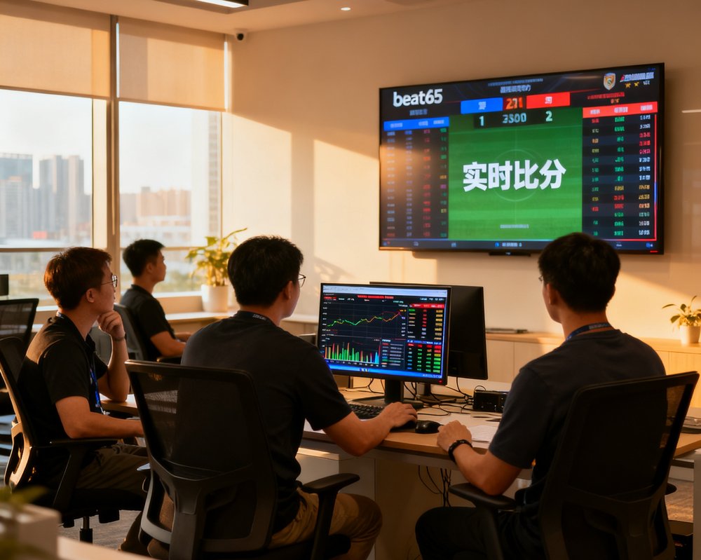beat365广州办公室内，团队成员正在分析赛事数据，大屏幕显示实时比分