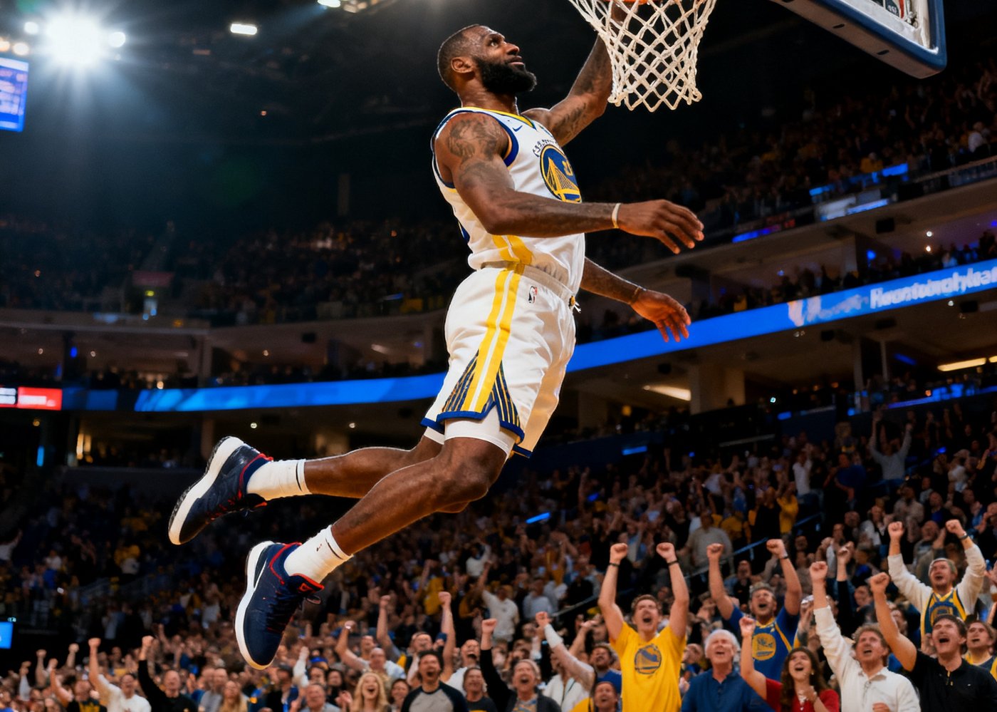 NBA球星在聚光灯下飞身扣篮，背景观众沸腾，beats365高清直播画面